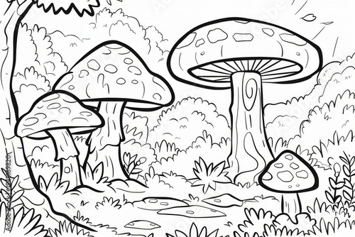 Mushrooms in the forest for kids to color. Detailed cartoon style with thick lines, crisp black outline, and white background.