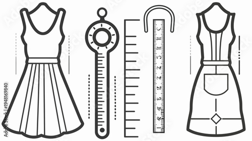 Line art of a dress, tool with circular element, and a ruler on white background