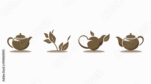 Four brown icons depicting teapots and leaves sit in a row on a white background