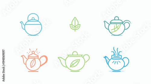 Line art of assorted teapots and a leaf, with pastel color gradients on a white background