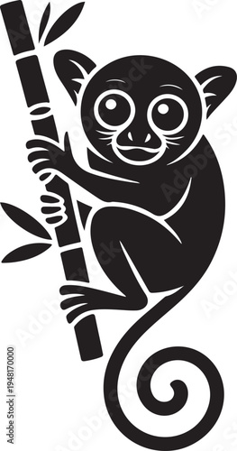 Black Tarsier Clinging to Bamboo Tropical Jungle Animal Silhouette Icon