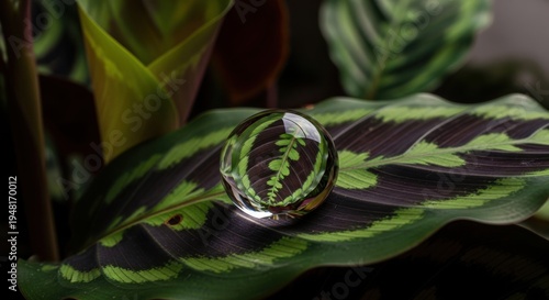 Magnificent water globule reflecting intricate leaf patterns on a richly textured plant surface