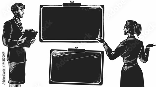 Sketch style image with two people and two blackboards