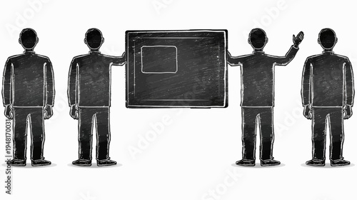 Four chalk-drawn figures with one presenting a chalk board with smaller square inside