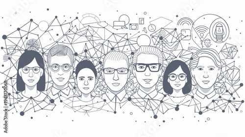 Seven sketched people connected to network of lines, circles, and tech icons