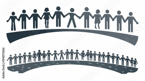 Silhouetted figures hold hands forming two bridges with birds flying around the lower bridge