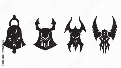 Four stylized black demon icons in a row, vector illustration on a white background