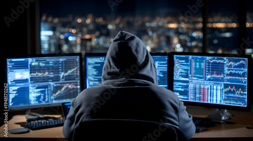 Dimly lit room with a hooded cybercriminal sitting at multiple computer monitors displaying cryptocurrency charts and messaging apps, guiding an unsuspecting victim through a chat