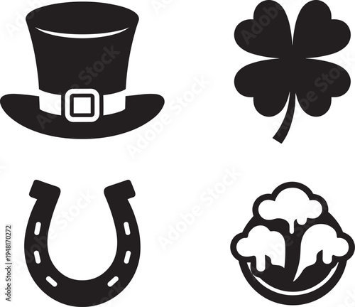 St patricks day icons including hat and shamrock