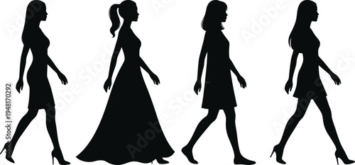 Collection of elegant women silhouettes walking in different fashion dresses and high heels isolated minimal female figure set for design