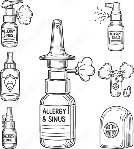 Medical nasal spray allergy sinus healthcare line art vector illustration