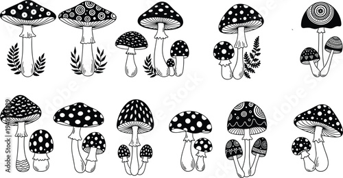 Decorative Mushroom Silhouette Collection with Patterned Toadstools and Forest Fungi Illustrations for Nature, Botanical, Woodland, Fantasy and Boho Design Projects