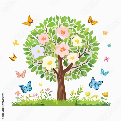 Illustrated blossoming tree with butterflies and flowers on white background