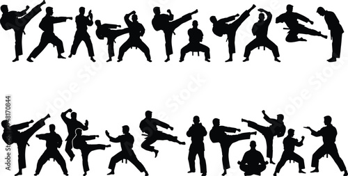 Martial arts fighters silhouettes performing karate and taekwondo kicks punches combat training poses isolated on white background sport action collection