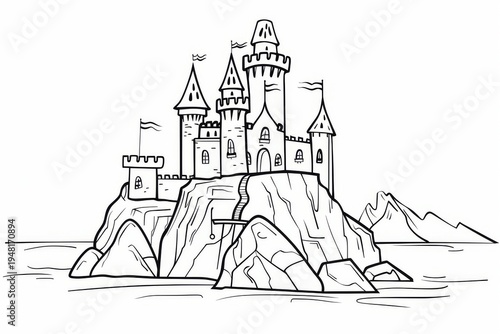 Majestic castle on an island surrounded by water, a simple and crisp line coloring page for kids in a cartoon-realistic style with a white background.
