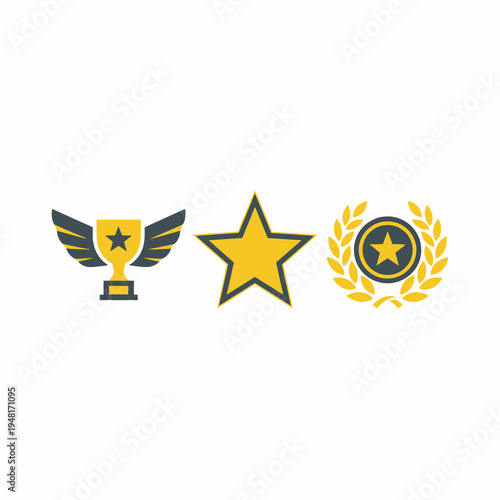 Award Icon Set with Winged Trophy Star and Laurel Wreath
