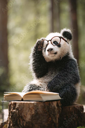 Funny giant panda wearing oversized glasses scratching its head in confusion while looking at an open book in the forest.