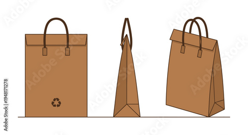 Three brown paper bags displayed in different orientations and views
