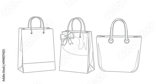 Line art illustration of three different shopping bags gifts and retail