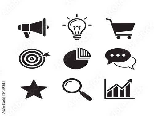 Strategic marketing campaign icons with dynamic promotion and reach silhouette designs