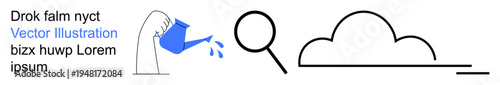 Sustainability, gardening, research, data storage, environmental care, iconic design. Hand pouring water, magnifying glass and cloud graphic. Sustainability and gardening