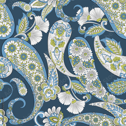 Floral seamless pattern with paisley ornament. Vector illustration in asian textile style