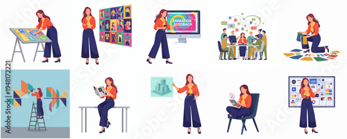 Flat Style Different Poses Woman Doing Office or Home Activities Illustration