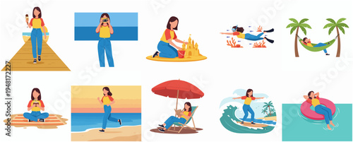 Flat Illustration Collection of a Woman Doing Activities at Beach Holiday