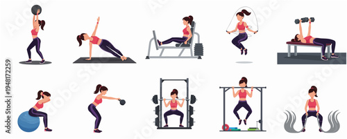 Illustrated Woman Doing Various Workout Exercises in Gym Training Poses