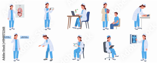 Flat Style Various Detail Doctor in Action Character Design Illustration Set