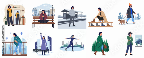 Stylish Flat Illustration Set of Woman Activities in Different Season