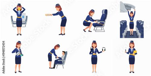 Flat Modern Stewardess Aircraft Crew Profession Character Poses and Activities Set
