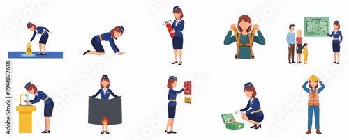 Flat Style Detailed Aircrew Member Showing Emergency Procedure Scenarios Illustration
