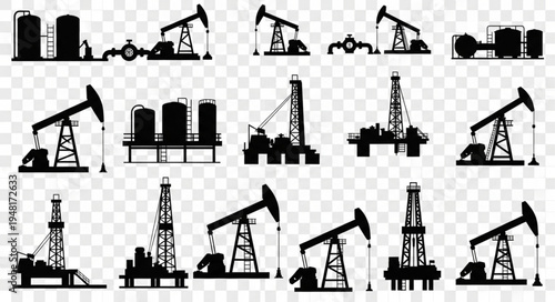 Silhouette Oil Field Equipment - A Collection of Pumping Units and Storage Tanks.