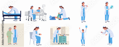 Flat Character Medical Staff Nurse in Various Actions and Poses Illustration Set
