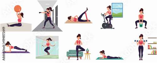 Cartoon Style Woman Performing Different Workout Exercises at Home Illustration
