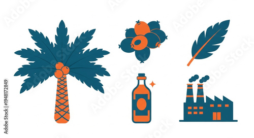 Palm oil industry icons depicting palm tree, fruits, bottle, feather, and factory.