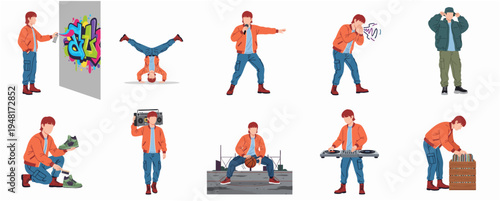 Diverse Flat Illustration of a Male Hip Hop Culture in Various Poses