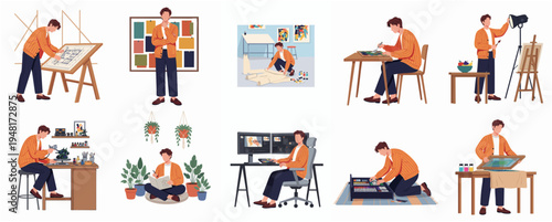 Artistic Handdrawn Creative Man Various Activity on Home Studio Illustration Set