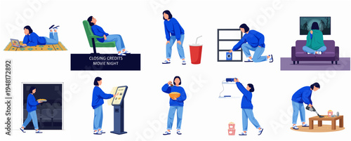 Flat Illustration Woman Doing Activities at Home or Cinema Lifestyle