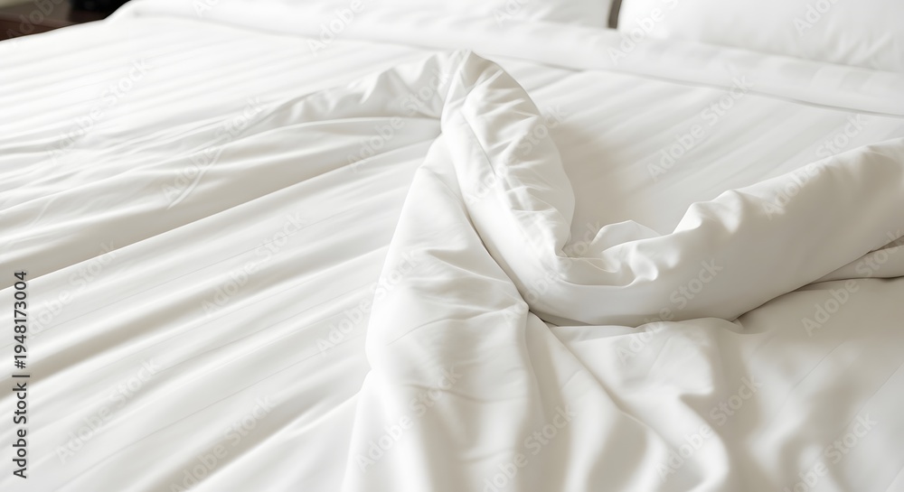Fototapeta premium Unmade White Bed with Wrinkled Sheets and Comforter.