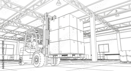 Forklift in Warehouse - A Detailed Line Art Illustration.