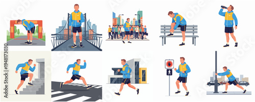 Flat Style Various Poses of Male Runner on Urban Landscape Illustration
