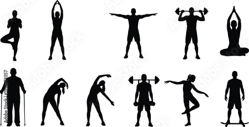 Fitness and workout silhouette collection featuring yoga poses, stretching exercises, weightlifting, walking with poles and skateboarding figures isolated on light background vector set