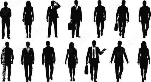 Set of professional business people silhouettes featuring men and women in suits walking standing and carrying briefcases for corporate design