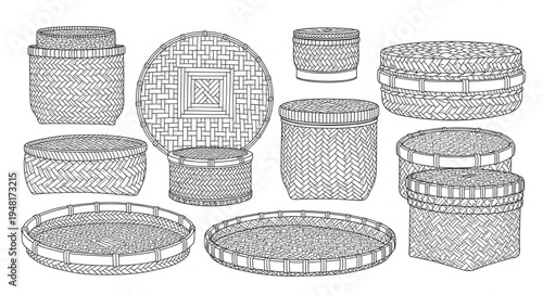 Collection of Intricate Woven Baskets in Various Shapes and Sizes.
