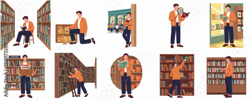 Minimalist Style Man Enjoying Reading at Bookstore Collection Illustration