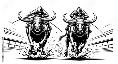 Dynamic Buffalo Racing Illustration - A Thrilling Display of Speed and Tradition.