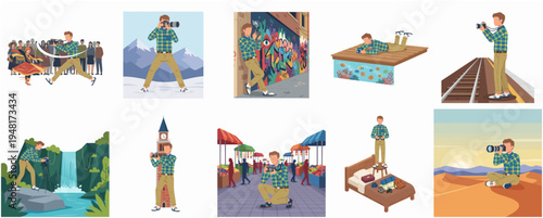 Flat Style Man Taking Pictures in Different Tourist Spot Scenery Illustration