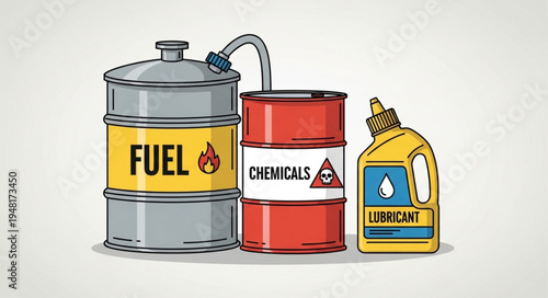 Fuel, Chemicals, and Lubricant Containers - Industrial Supplies Illustration.